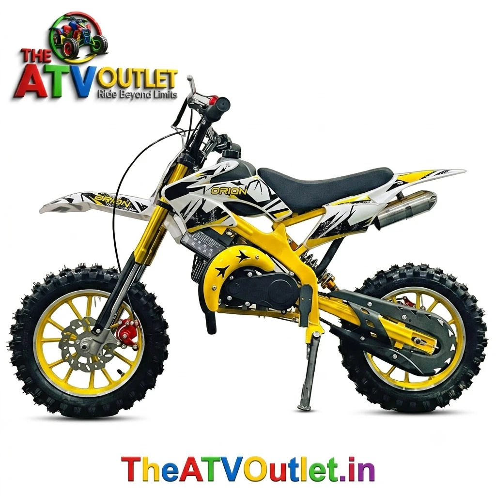 50cc Super Dirt Bike for Kids 2 Stroke Petrol Engine Automatic Self Start TheATVOutlet.in 2 50cc Super Dirt Bike for Kids Yellow 2 Stroke Petrol Engine Automatic Self Start Off Road Dirt Bike TheATVOutlet.in