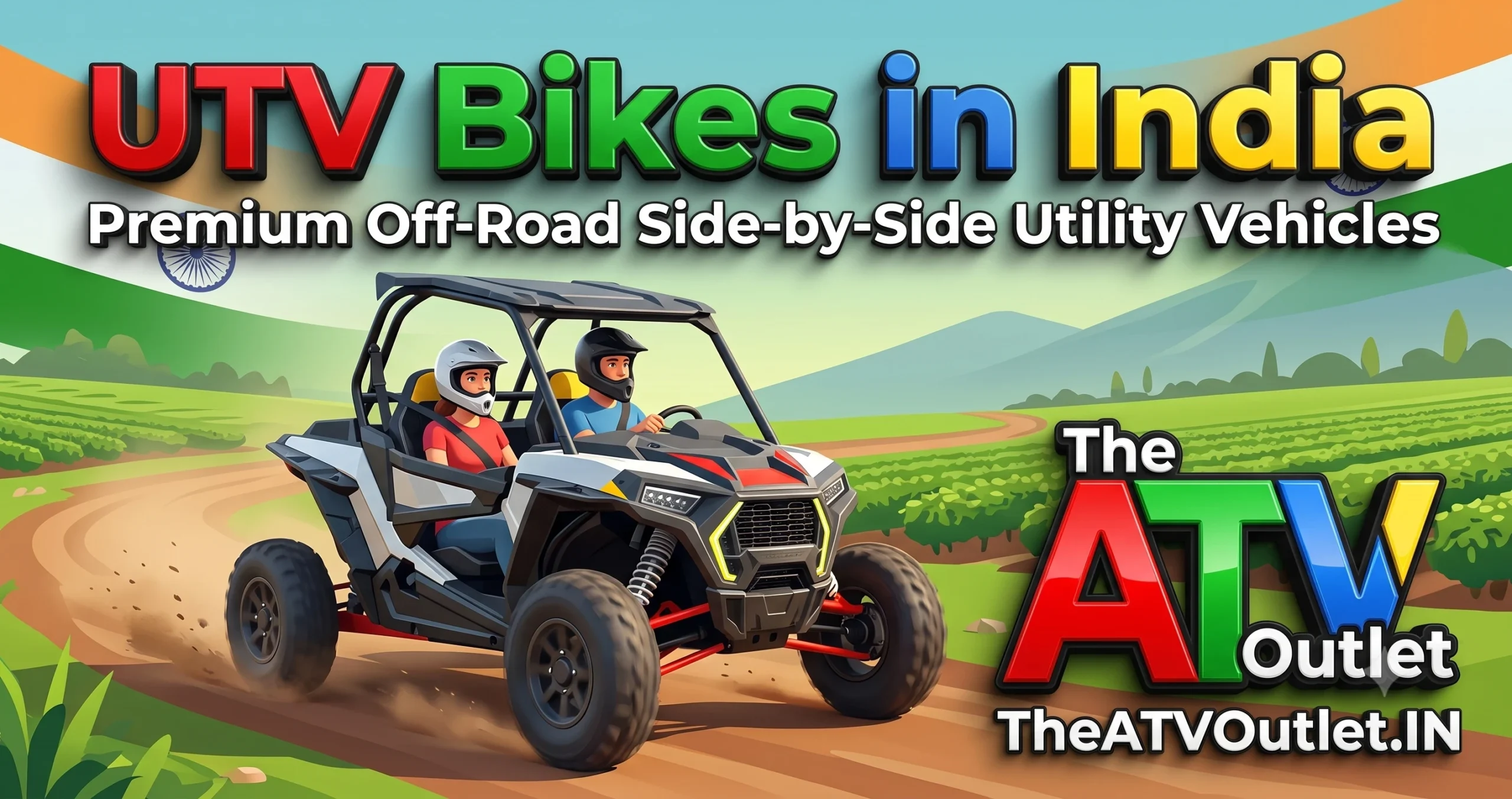 A 3D illustration of two people riding a white and red UTV bike on a dirt track through Indian farm fields with the Indian flag in the background and 'The ATV Outlet' logo.